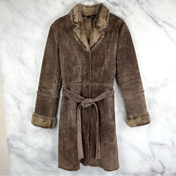 Express Jackets & Blazers - Express Vintage Y2K Suede Leather Faux Fur Belted Button Up Trench Coat Brown L